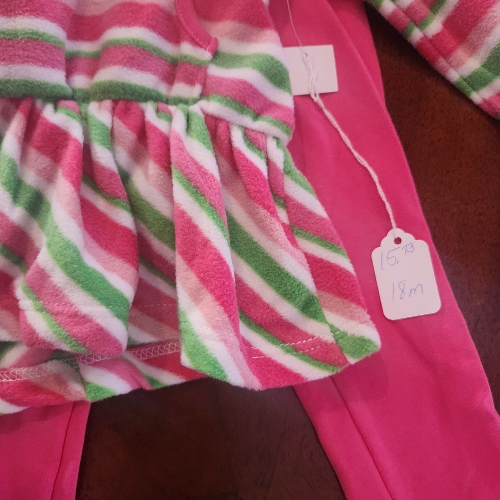 Girls Fleece Hoodie Tunic & Leggings Set Pink Green Striped Size 18M NWT - Picture 3 of 5